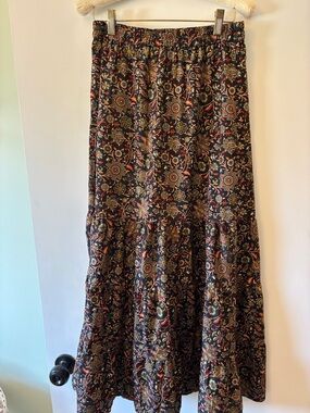 Black Floral Tiered Maxi Skirt with Elastic Waist